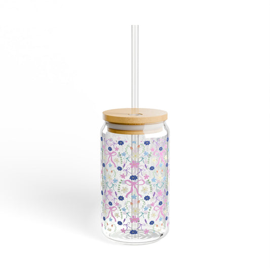 16oz Sipper Glass - Bows and Flowers Cute Design for Ice Coffee Lovers