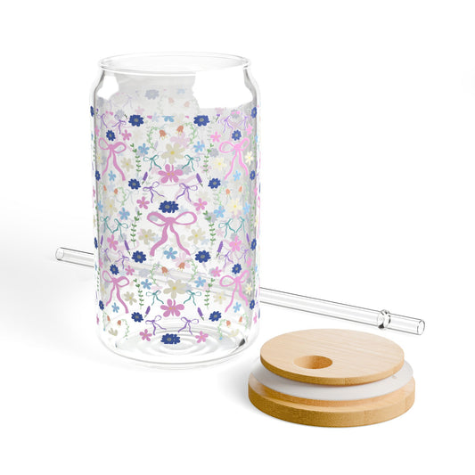 16oz Sipper Glass - Bows and Flowers Cute Design for Ice Coffee Lovers
